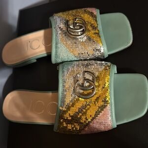 GUCCI Sequin Calfskin Matelasse Marmont Slide Flat Sandals 36 1/2 Multicolor